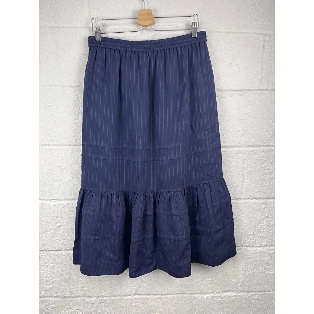 NWT Coach Stripe Tiered Skirt Sz 10 Navy Blue Midi Pinstripe Snap Preppy Coastal